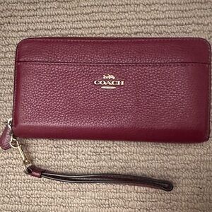 Coach Genuine Leather Burgundy Zip Around Wristlet Wallet